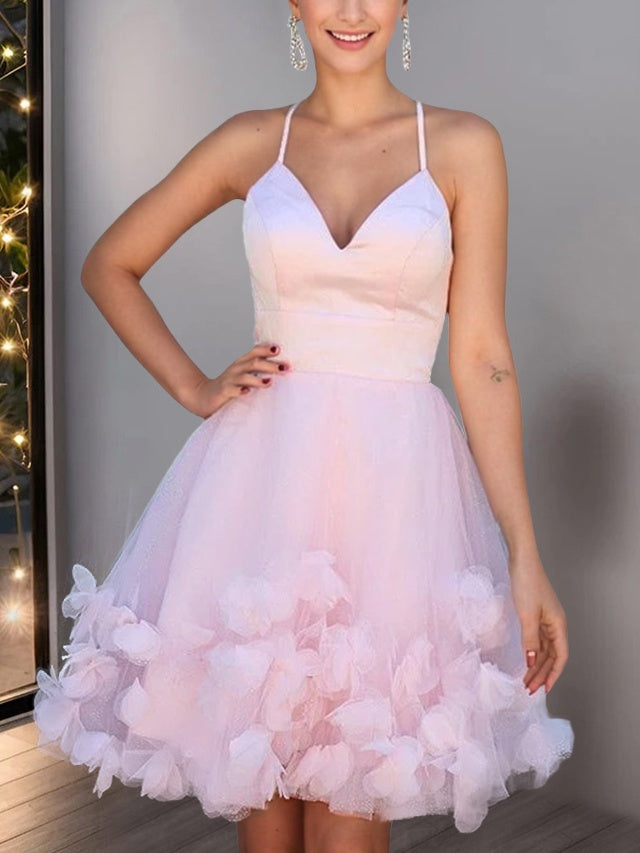 Robe de Soirée Courte/Mini à Bretelles Spaghetti, Coupe A-Line/Princess, Col en V, Sans Manches, Robe de Cocktail, de Bal, de Retour à la Maison, avec Fleurs Faites à la Main