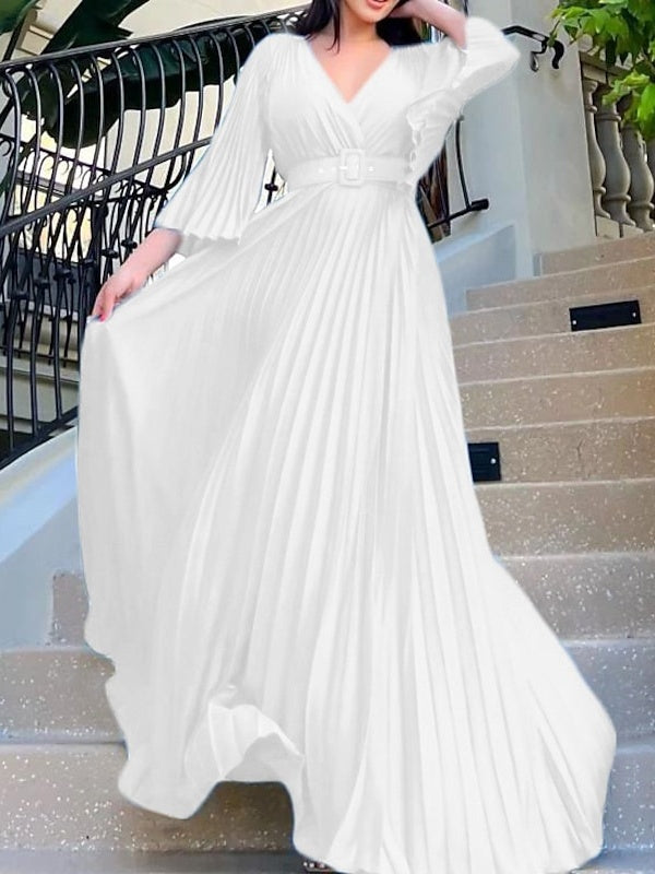 Robe de Cocktail Trapèze/Princesse à Col en V et Manches 3/4 avec Plis