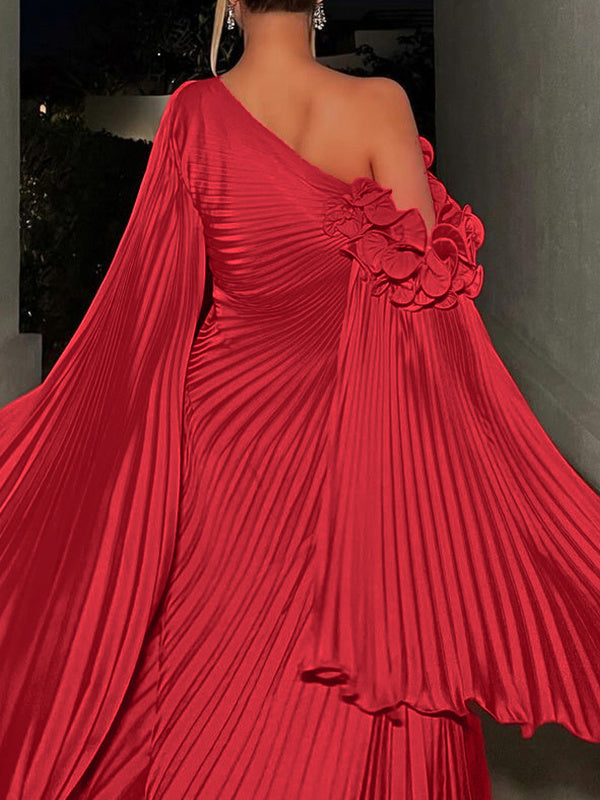 Robe de Soirée Trapèze/Princesse à Une Épaule et Manches Longues, Longueur Au Sol