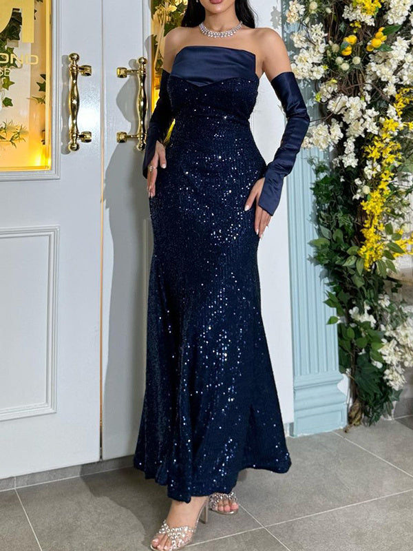 Robe de Soirée Sirène/Trompette Sans Bretelles, Manches Détachables, Satin Pailleté, Longueur Cheville