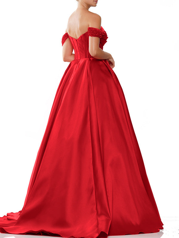 Robe de Soirée en Satin Sans Manches à Épaules Dénudées et Traîne de Balayage
