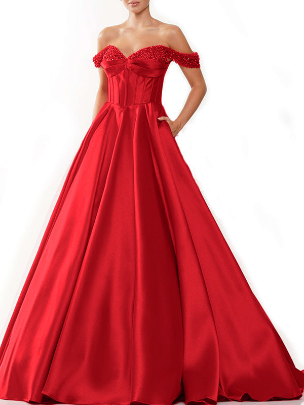 Robe de Soirée en Satin Sans Manches à Épaules Dénudées et Traîne de Balayage