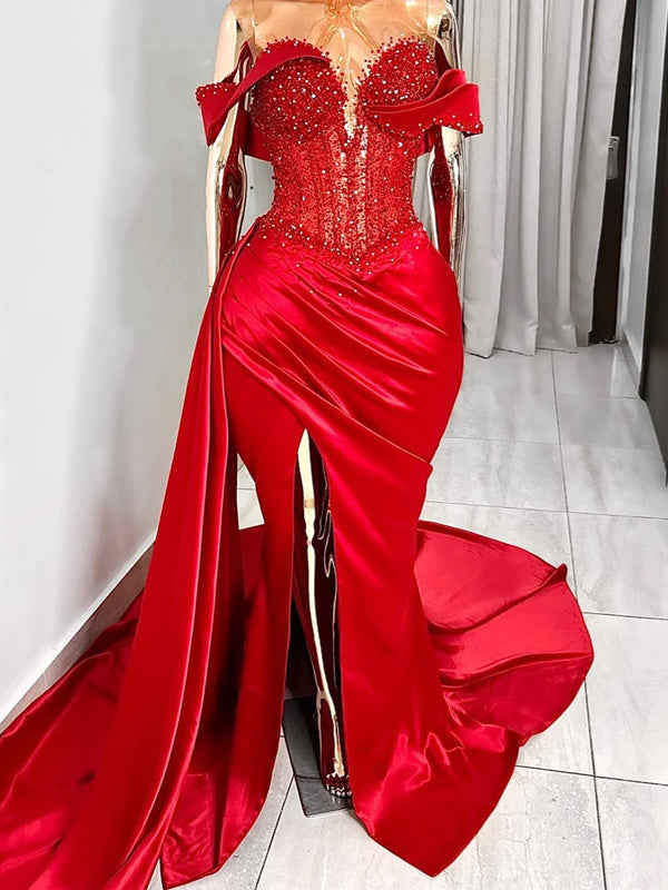 Robe de Soirée Sirène/Trompette Décolleté en Cœur Sans Manches à Traîne Longue et Fente Haute
