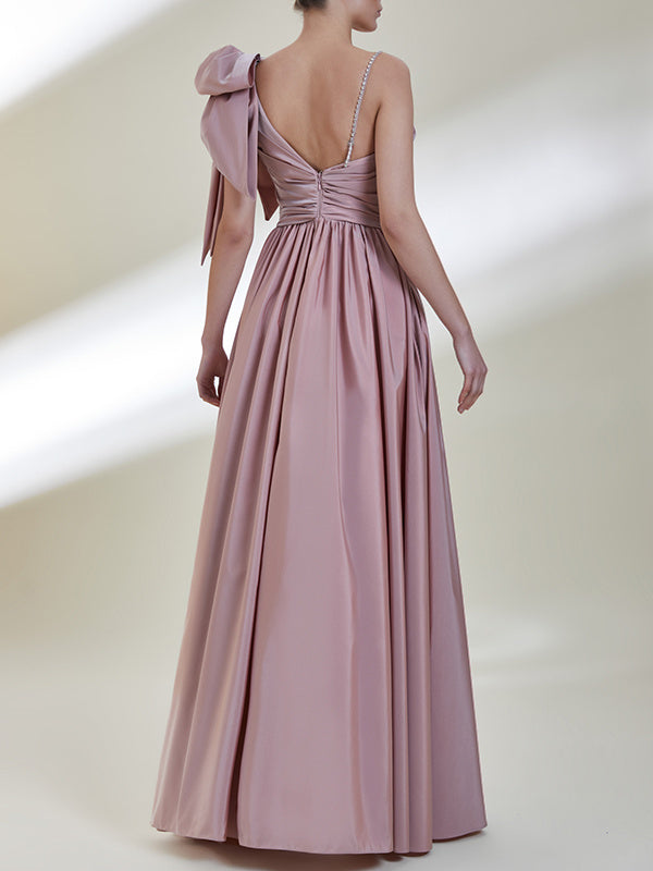 Robe de Soirée en Satin à Une Épaule, Sans Manches, Coupe Trapèze/Princesse, Longueur Au Sol, Fendue Sur le Devant/Avec Nœud