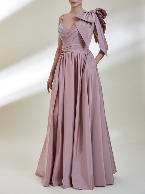 Robe de Soirée en Satin à Une Épaule, Sans Manches, Coupe Trapèze/Princesse, Longueur Au Sol, Fendue Sur le Devant/Avec Nœud