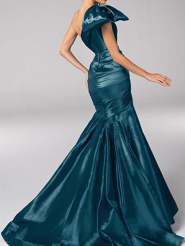 Robe de Soirée Sirène/Trompette à Une Épaule Sans Manches avec Traîne en Satin et Nœud(S)