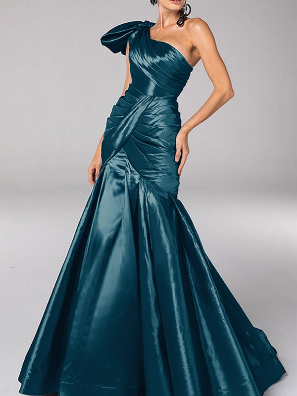 Robe de Soirée Sirène/Trompette à Une Épaule Sans Manches avec Traîne en Satin et Nœud(S)