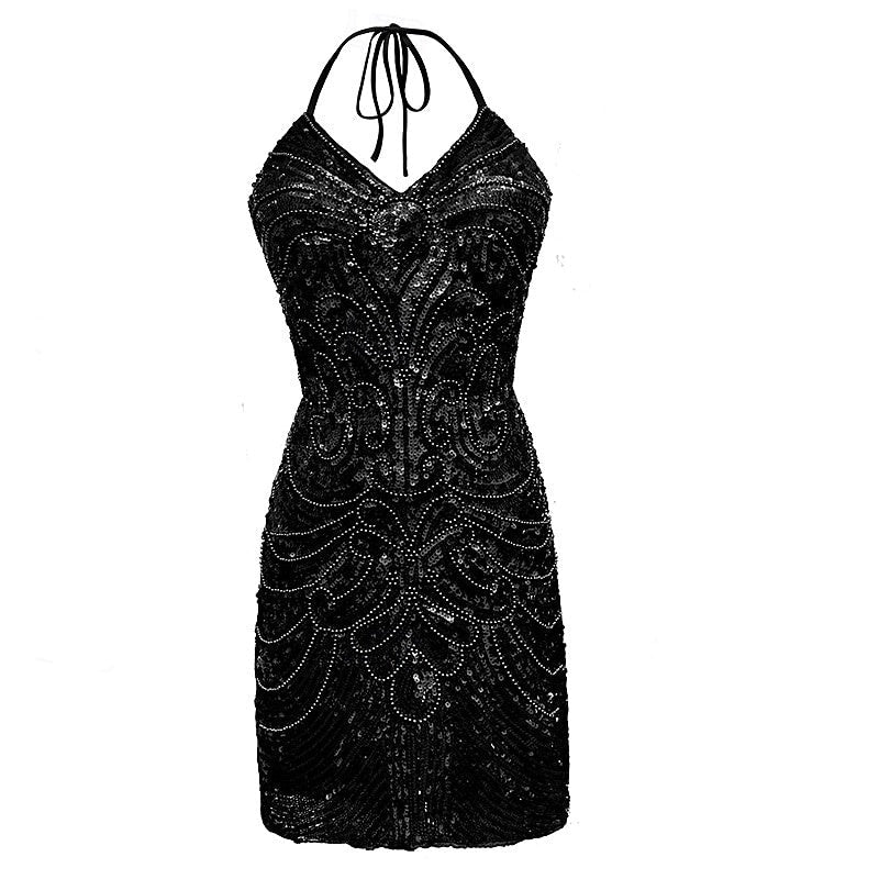 Robe Fourreau/Colonne à Licou Sans Manches Courte/Mini Robe de Soirée Dansante Cocktail Halloween avec Paillettes