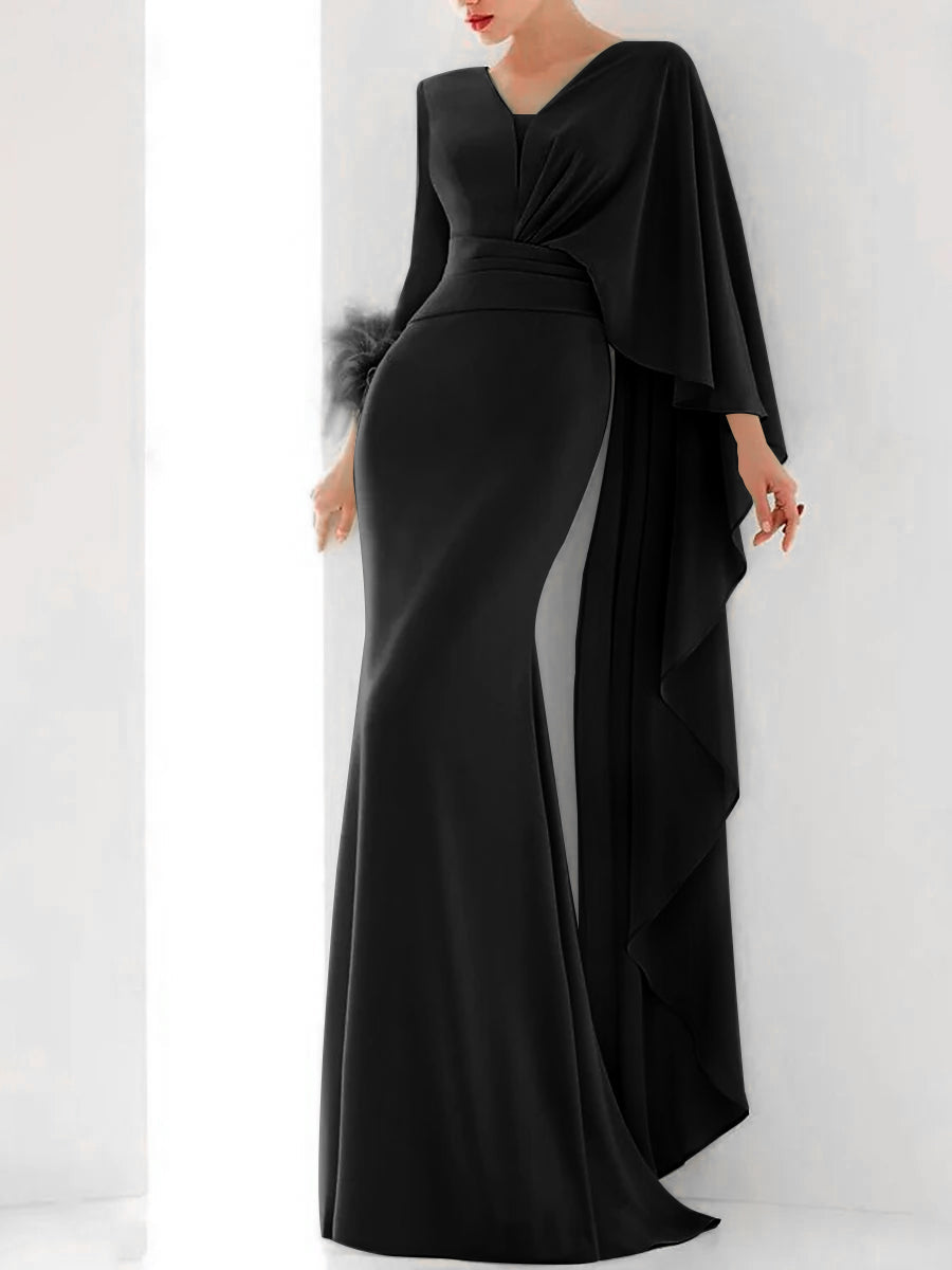 Robe de Soirée Sirène à Col en V et Manches Longues avec Plumes, Volants et Fronces