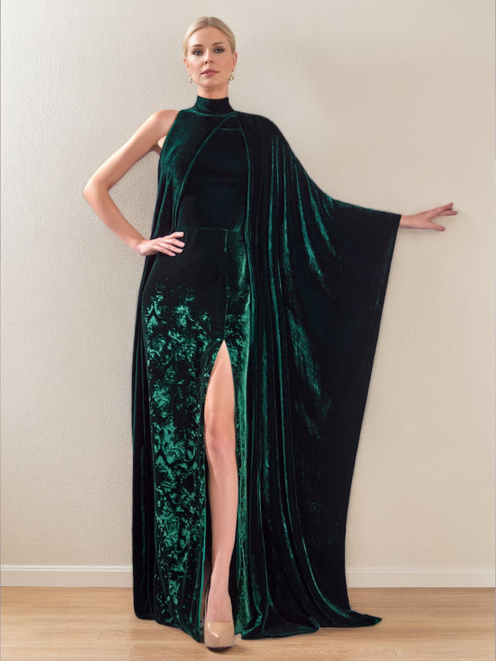 Robe de Soirée Fourreau/Colonne en Velours à Manches Longues et Col Bijou