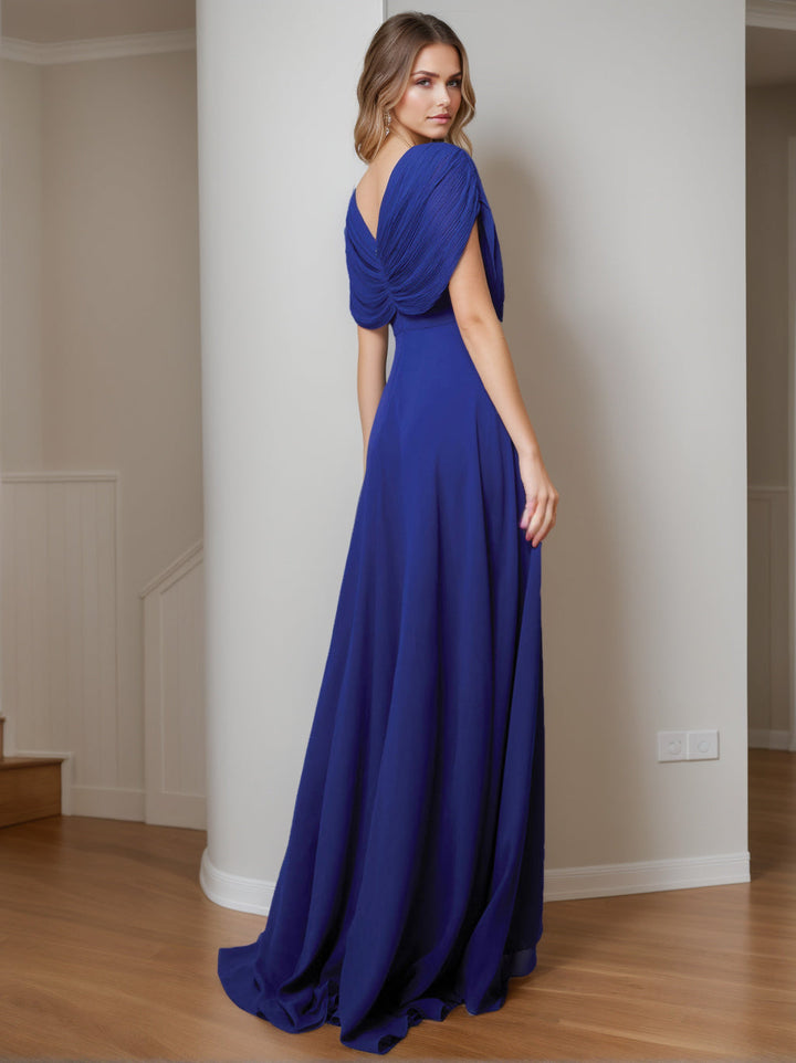 Robe de Soirée Asymétrique à Col en V et Manches Courtes, Coupe A-Line/Princess, avec Fente Sur le Côté et Perles