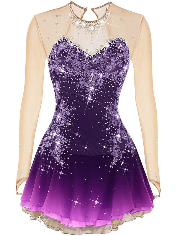 Robe de Patinage Artistique pour Femmes et Filles, en Maille de Glace, en Élasthanne, à Manches Longues, Vêtements de Danse Sur Glace