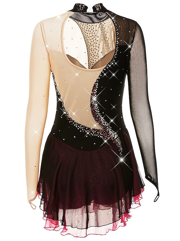Robe de Patinage Artistique pour Femmes et Filles, Vêtements de Danse, Maille, Élasthanne, Cristal/Strass