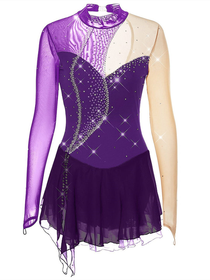Robe de Patinage Artistique pour Femmes et Filles, Vêtements de Danse, Maille, Élasthanne, Cristal/Strass