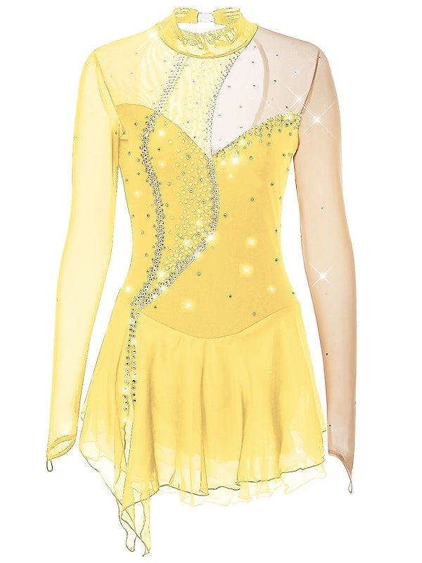 Robe de Patinage Artistique pour Femmes et Filles, Vêtements de Danse, Maille, Élasthanne, Cristal/Strass