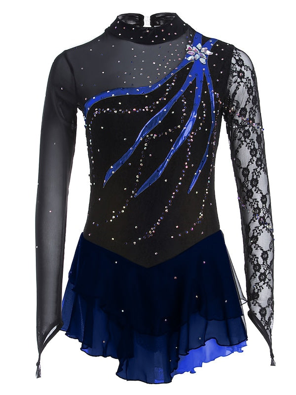Robe de Patinage Artistique pour Femmes et Filles, Vêtements de Danse Sur Glace, Robe de Patinage Sur Glace à Manches Longues en Dentelle et Élasthanne