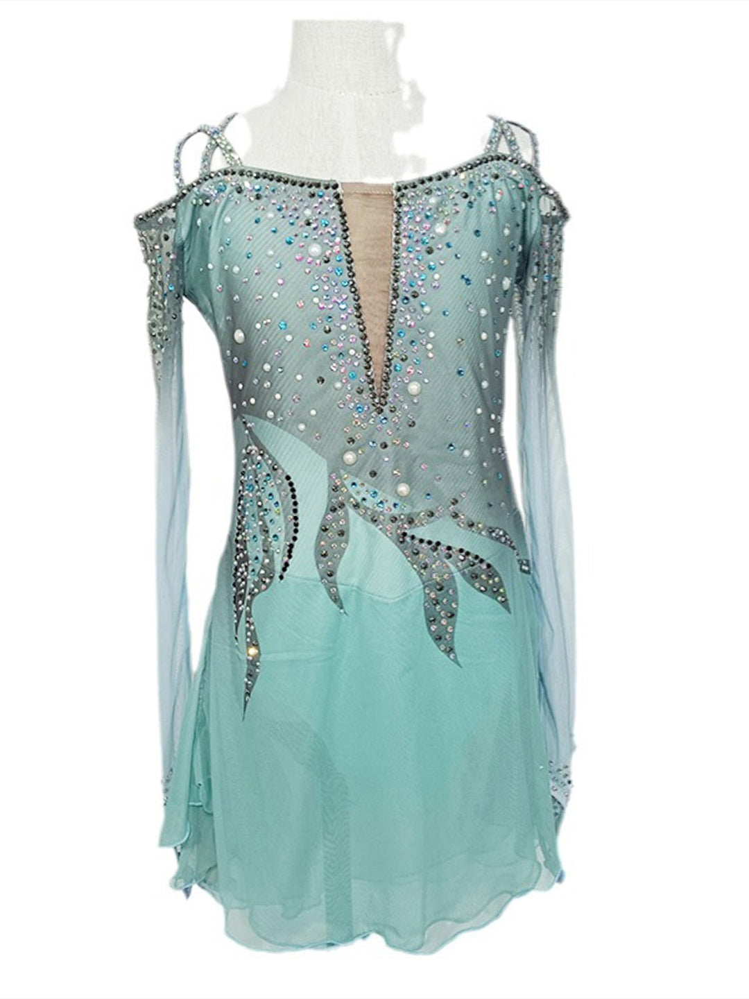 Robe de Patinage Artistique pour Femmes et Filles, Vêtements de Danse, Patchwork, Trou pour le Pouce, Maille, Élasthanne, Extensible, Cristal/Strass