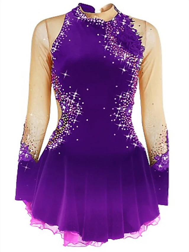 Robe de Patinage Artistique pour Femmes et Filles, Vêtements de Danse Sur Glace, Maille, Élasthanne, Velours, Haute Élasticité, Strass, Robe de Patinage Sur Glace