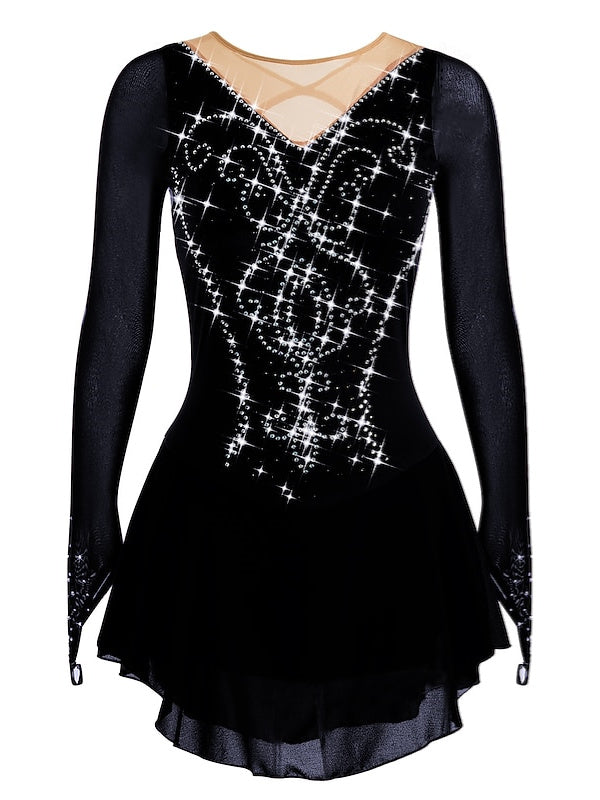 Robe de Patinage Artistique pour Femmes et Filles, en Maille de Glace, Élasthanne, Haute Élasticité, Strass, Manches Longues, Robe de Patinage Sur Glace
