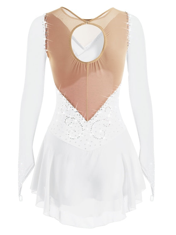 Robe de Patinage Artistique pour Femmes et Filles, en Maille de Glace, Élasthanne, Haute Élasticité, Strass, Manches Longues, Robe de Patinage Sur Glace