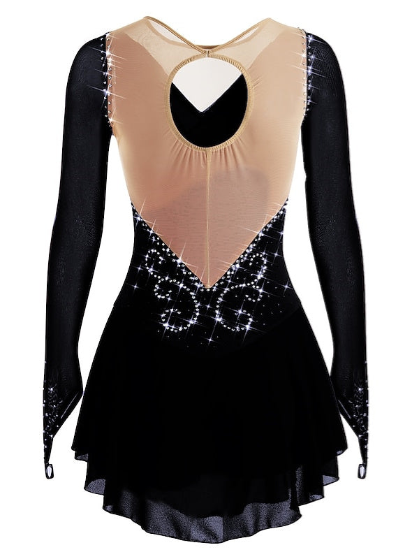 Robe de Patinage Artistique pour Femmes et Filles, en Maille de Glace, Élasthanne, Haute Élasticité, Strass, Manches Longues, Robe de Patinage Sur Glace