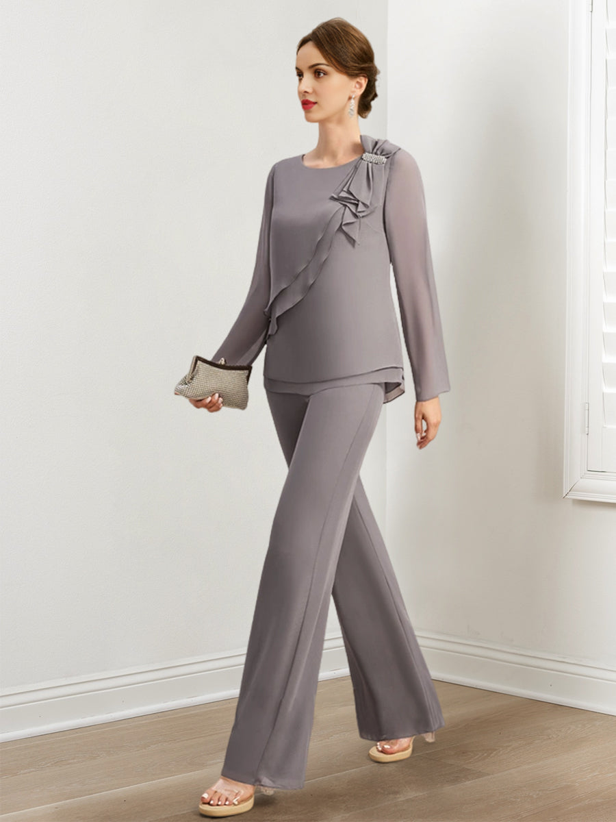 Tailleur-Pantalon en Mousseline de Soie pour Mère de la Mariée avec Perles et Volants