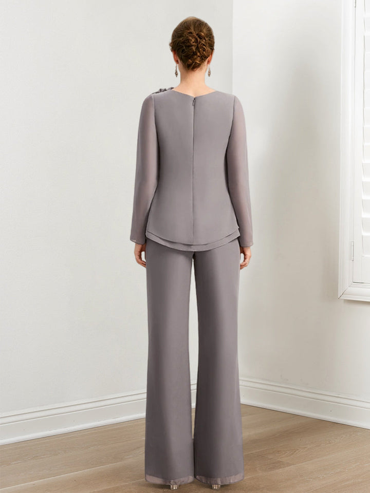 Tailleur-Pantalon en Mousseline de Soie pour Mère de la Mariée avec Perles et Volants