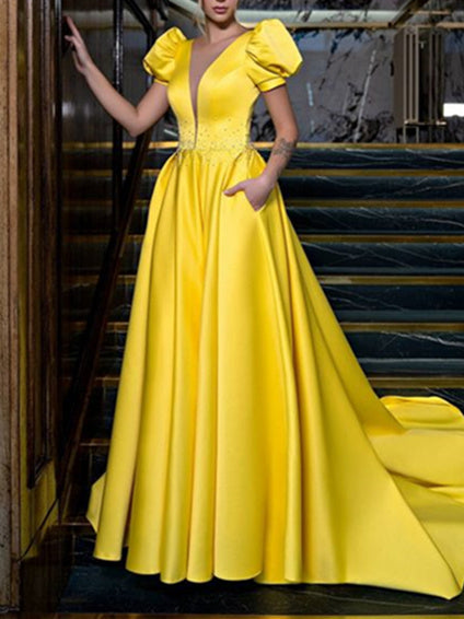 Robe de Bal Longue Au Sol à Col en V et Coupe A-Line/Princess