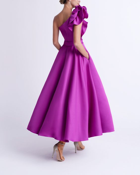 Robe de Bal Trapèze/Princesse à Une Épaule et Longueur Thé