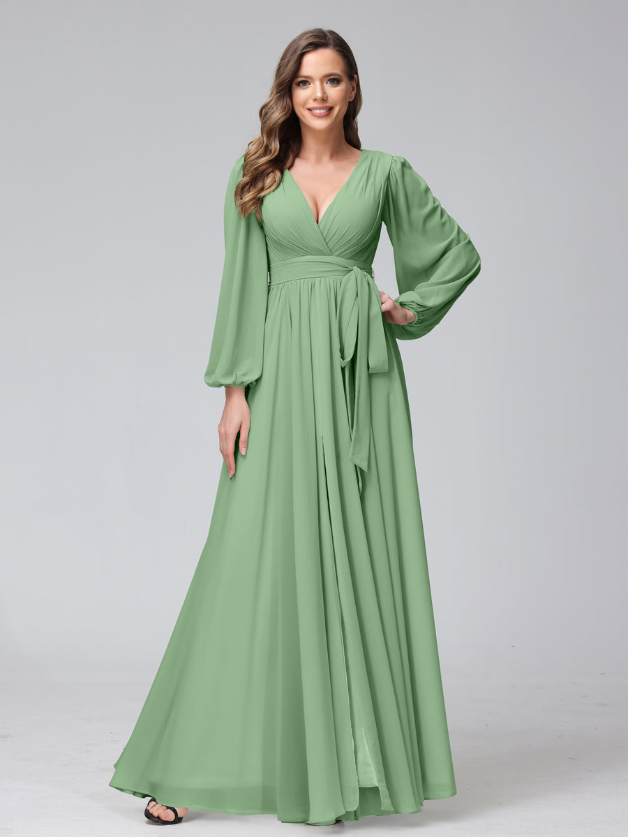 Ligne A Col en V Manches Longues Mousseline Long Robes de Demoiselle d'Honneur avec Froufrous Côté Divisé