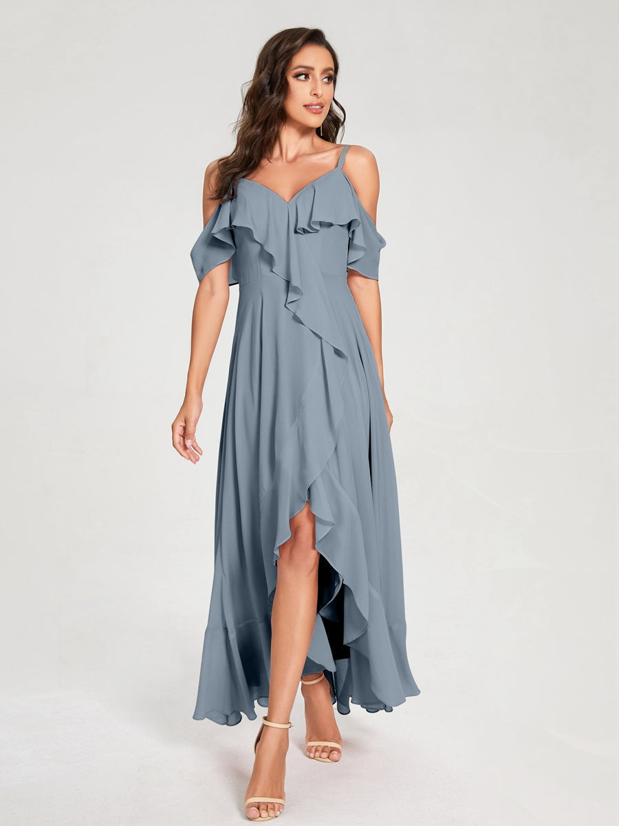 Ligne A/Princesse Bretelles Spaghetti Col en V Manches Courtes Asymétrique Bridemaid Robes avec Froufrous