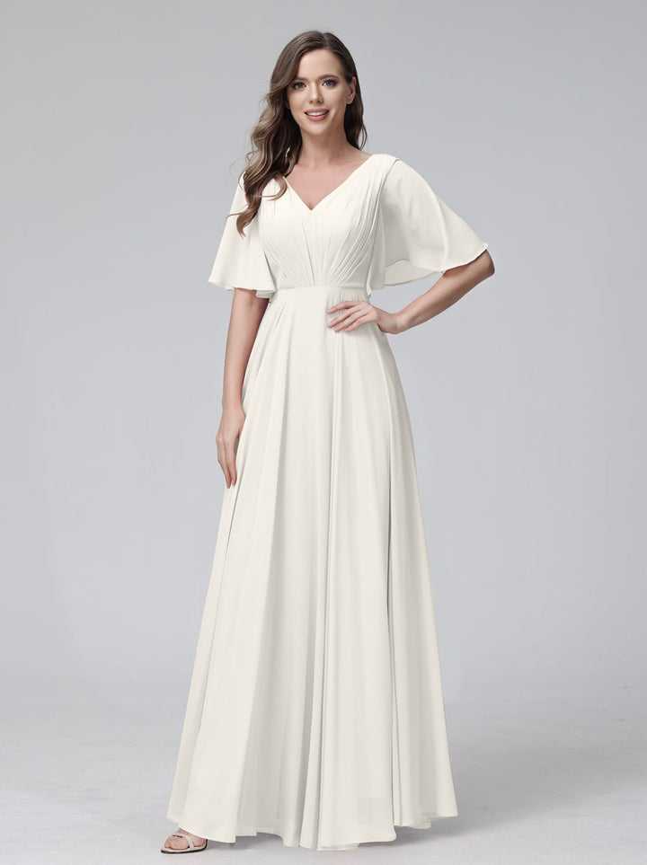 Ligne A/Princesse Col en V Demi-manches La Longueur du Sol Bridemaid Robes avec Froufrous & Les Poches