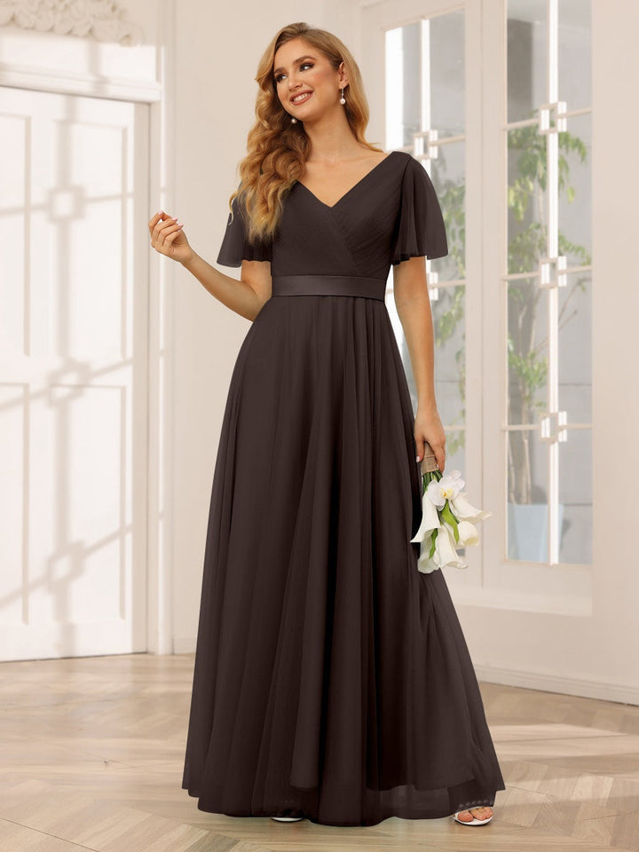 Ligne A/Princesse Col en V Manches Courtes La Longueur du Sol Long Robes de Demoiselle d'Honneur avec Dentelle
