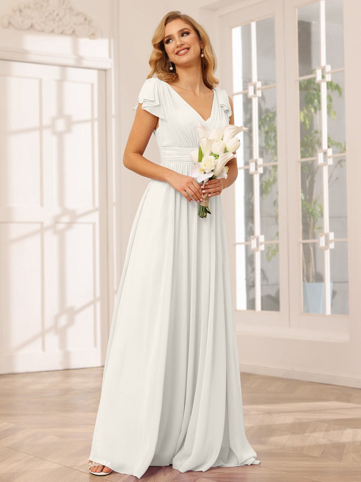 Ligne A/Princesse Col en V Manches Courtes Long Robes de Demoiselle d'Honneur avec Froufrous