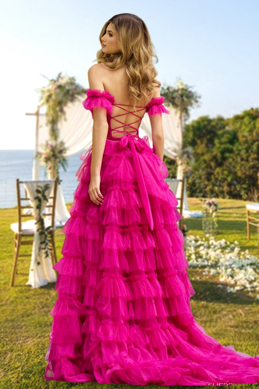 Robe de Soirée Longue de Bal de Forme A/Princesse à Épaules Dénudées avec Fente Sur le Côté et Volants