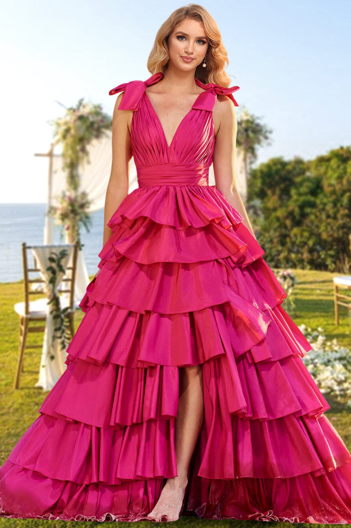 Robe de Soirée Longue de Forme Trapèze/Princesse à Col en V avec Fente Sur le Côté et Volants