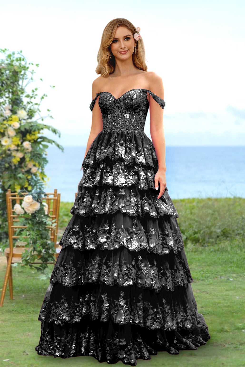 Robe de Soirée Longue à Fleurs, Coupe A-Line/Princesse, Décolleté en Cœur, Épaules Dénudées, avec Paillettes et Volants