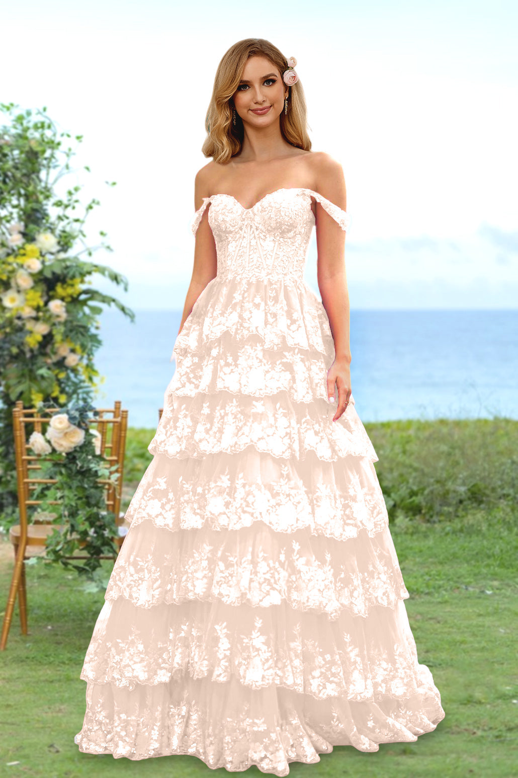 Robe de Soirée Longue à Fleurs, Coupe A-Line/Princesse, Décolleté en Cœur, Épaules Dénudées, avec Paillettes et Volants