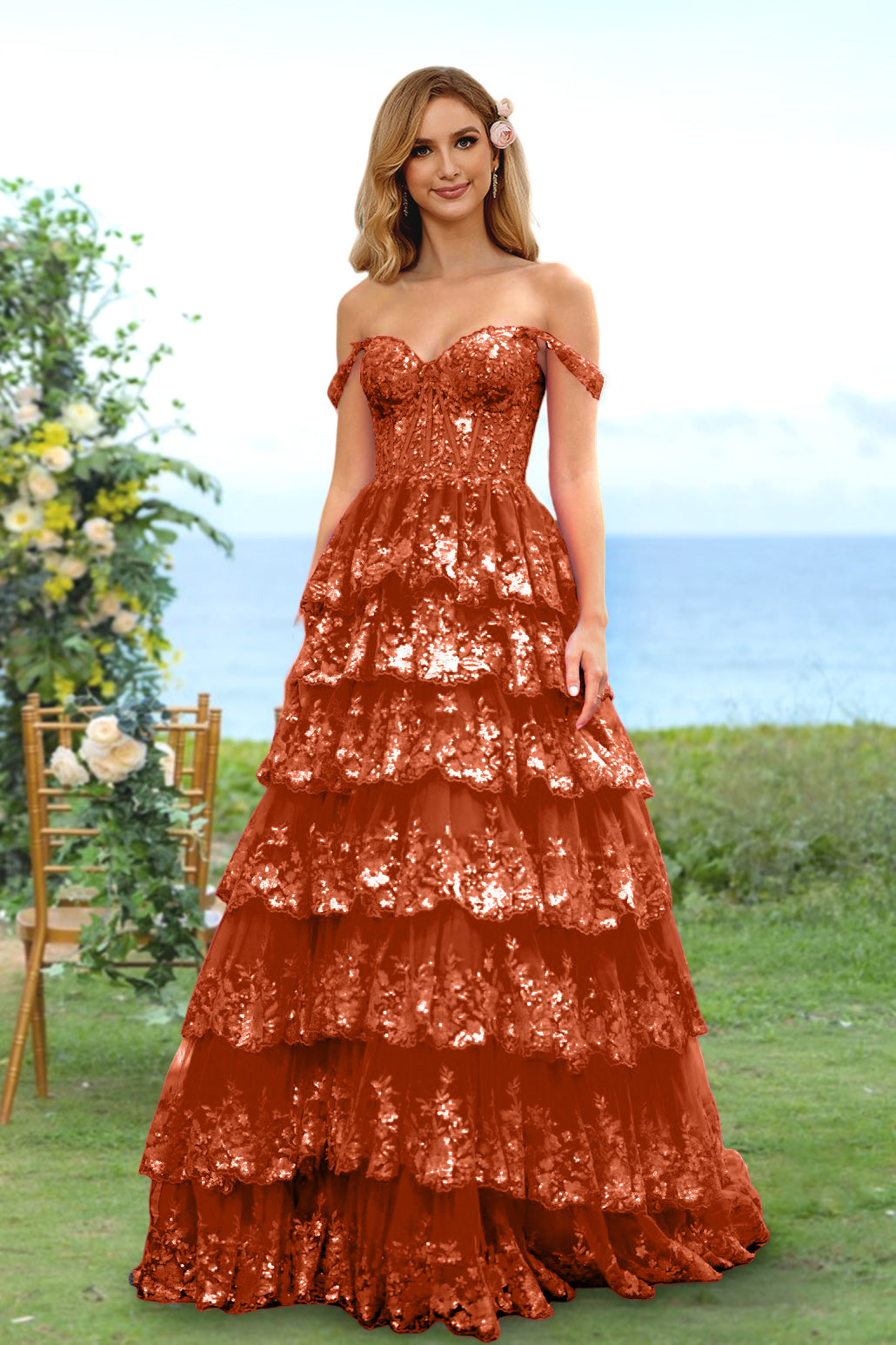 Robe de Soirée Longue à Fleurs, Coupe A-Line/Princesse, Décolleté en Cœur, Épaules Dénudées, avec Paillettes et Volants