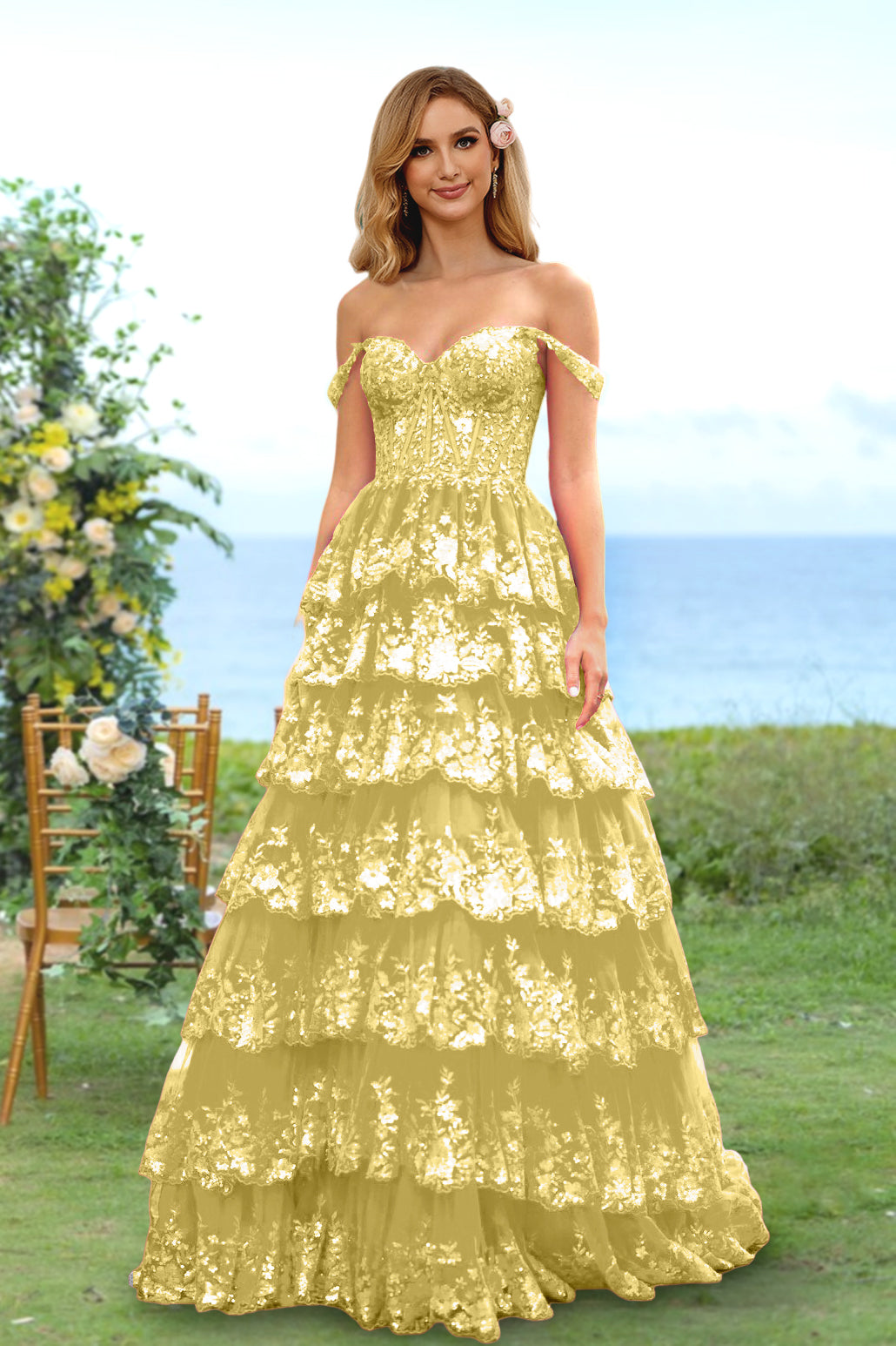 Robe de Soirée Longue à Fleurs, Coupe A-Line/Princesse, Décolleté en Cœur, Épaules Dénudées, avec Paillettes et Volants
