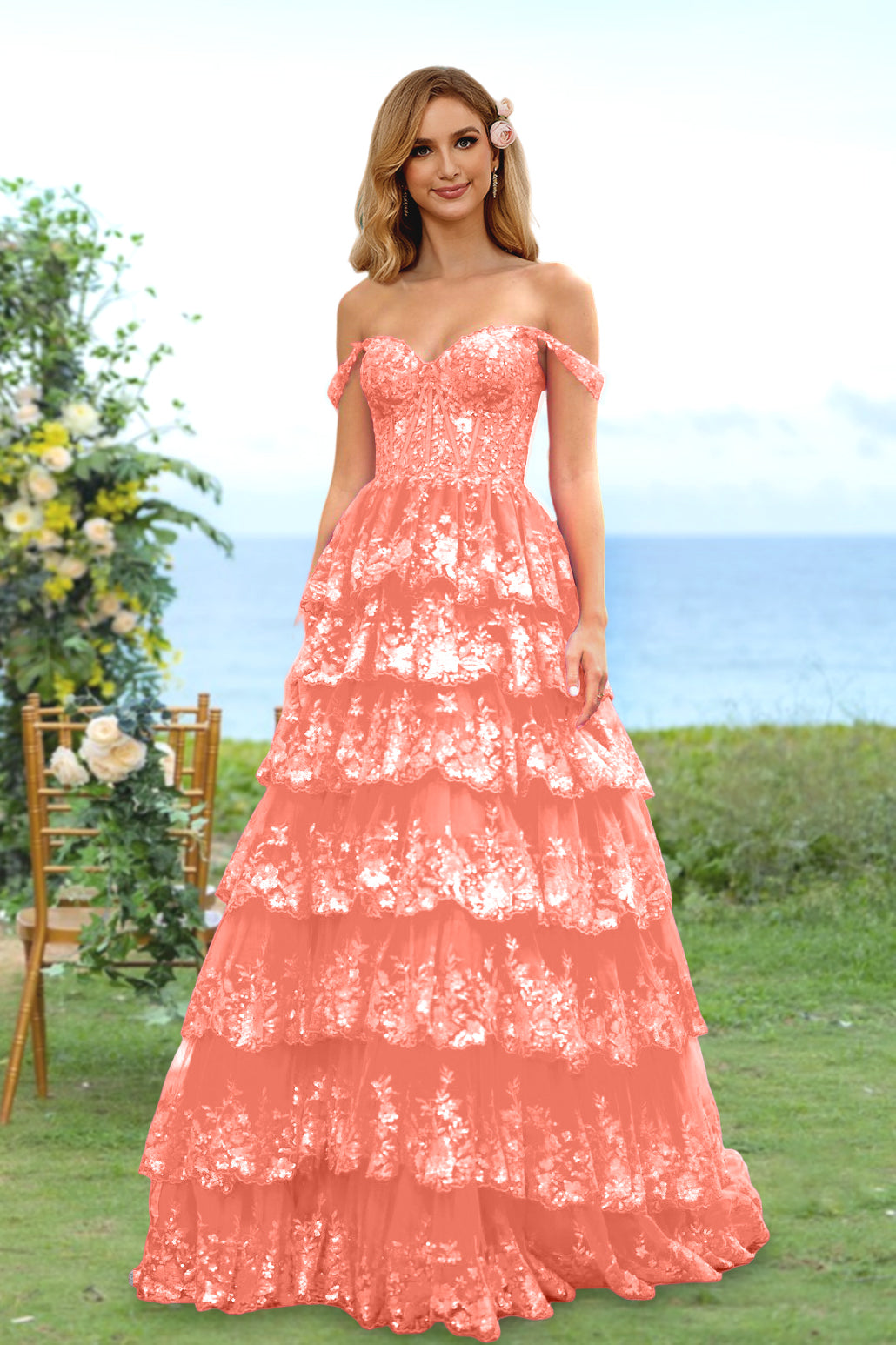 Robe de Soirée Longue à Fleurs, Coupe A-Line/Princesse, Décolleté en Cœur, Épaules Dénudées, avec Paillettes et Volants