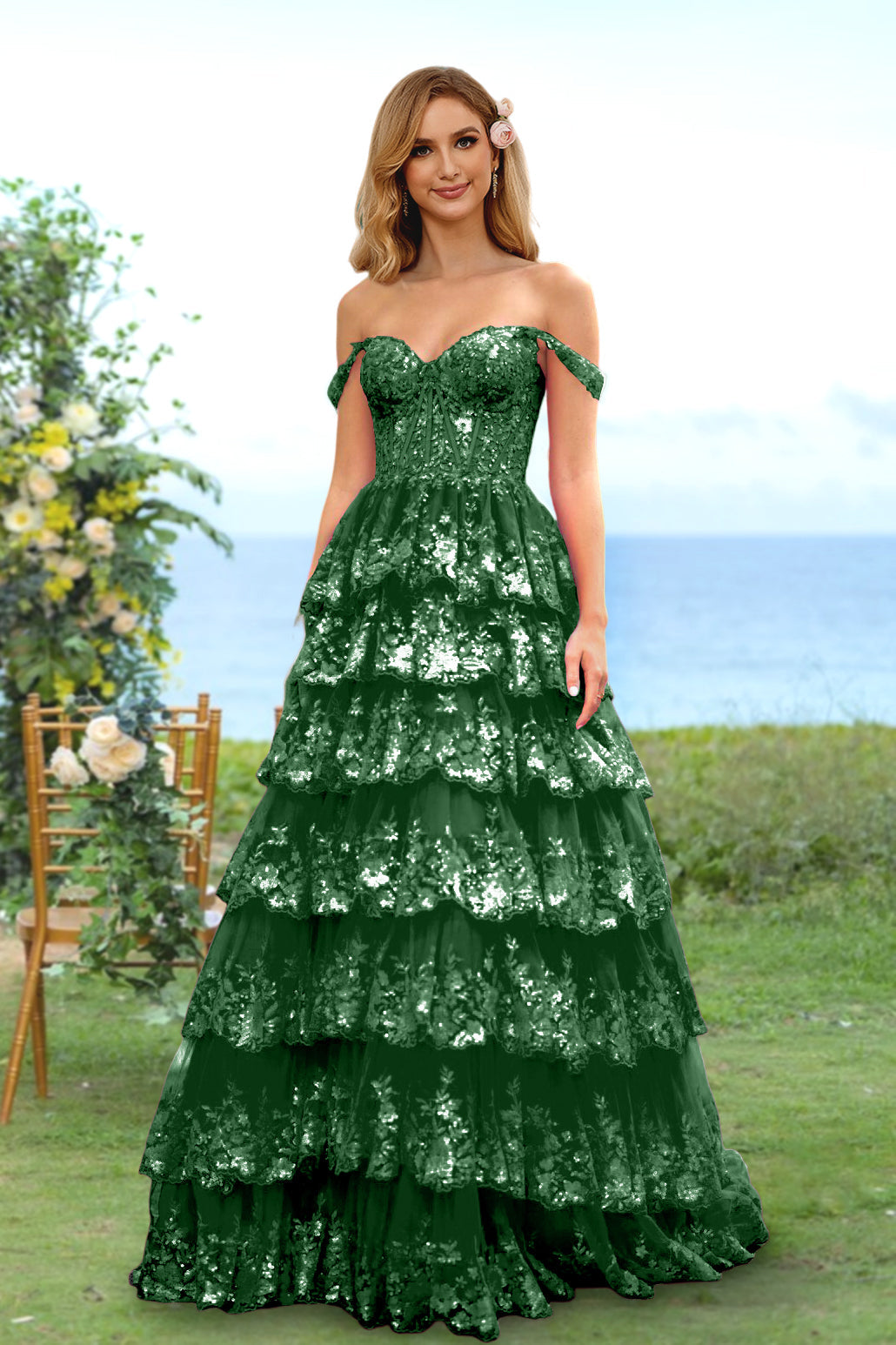 Robe de Soirée Longue à Fleurs, Coupe A-Line/Princesse, Décolleté en Cœur, Épaules Dénudées, avec Paillettes et Volants