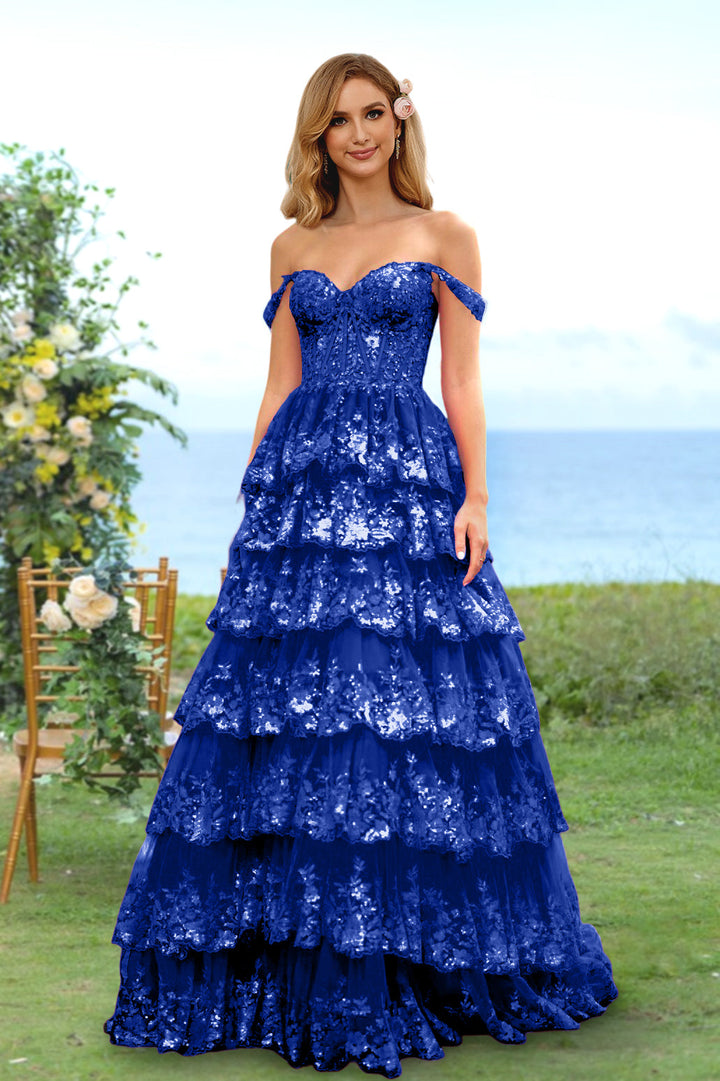 Robe de Soirée Longue à Fleurs, Coupe A-Line/Princesse, Décolleté en Cœur, Épaules Dénudées, avec Paillettes et Volants