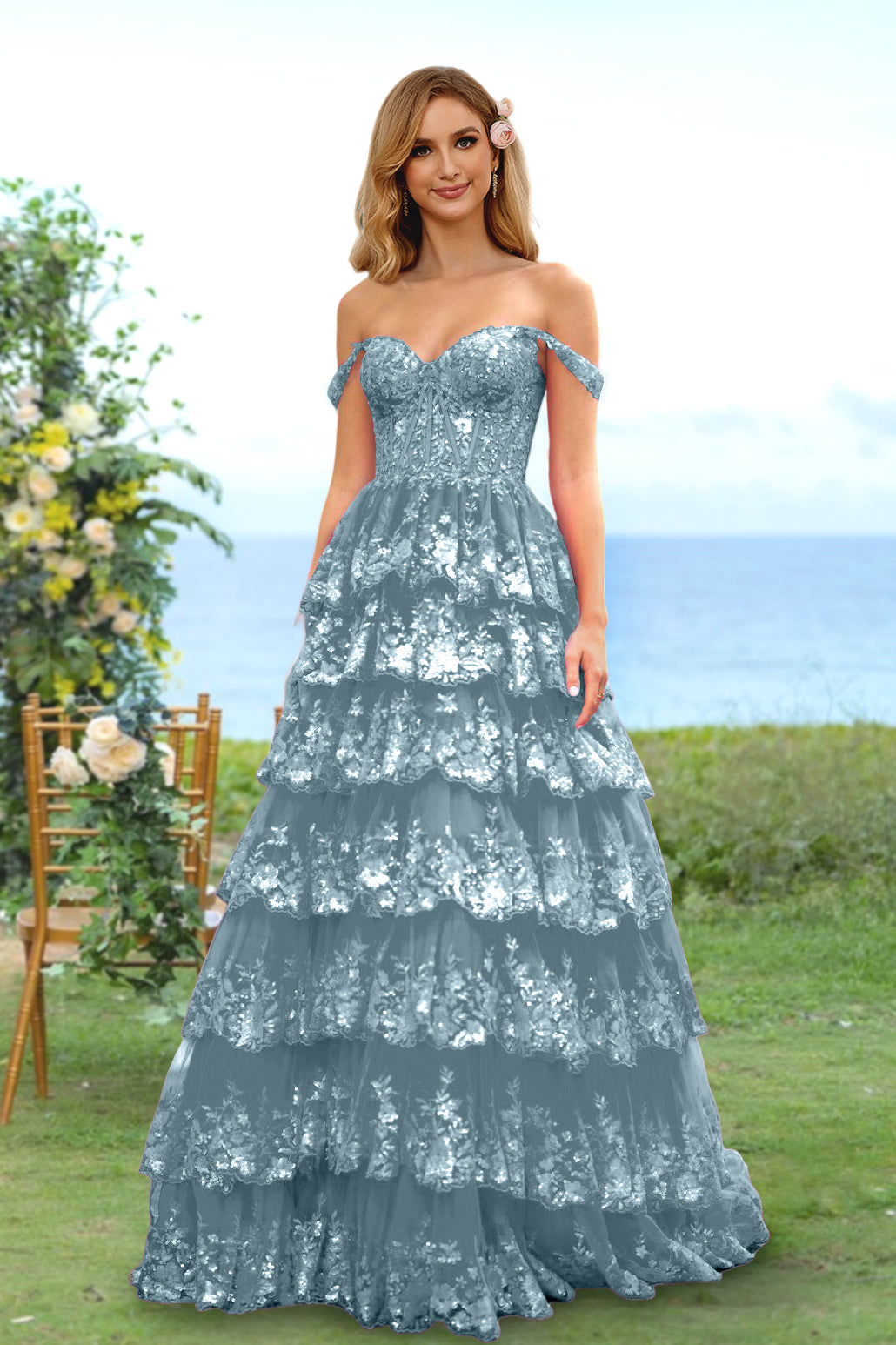 Robe de Soirée Longue à Fleurs, Coupe A-Line/Princesse, Décolleté en Cœur, Épaules Dénudées, avec Paillettes et Volants