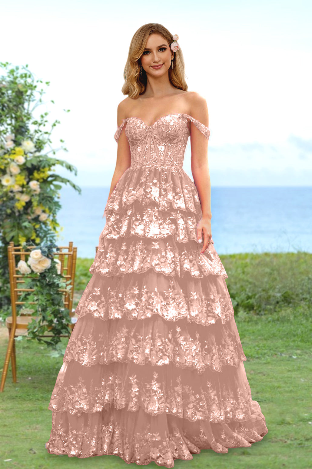Robe de Soirée Longue à Fleurs, Coupe A-Line/Princesse, Décolleté en Cœur, Épaules Dénudées, avec Paillettes et Volants