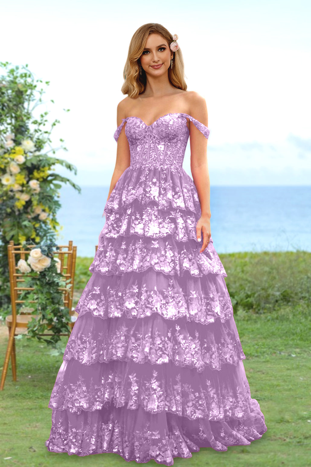 Robe de Soirée Longue à Fleurs, Coupe A-Line/Princesse, Décolleté en Cœur, Épaules Dénudées, avec Paillettes et Volants