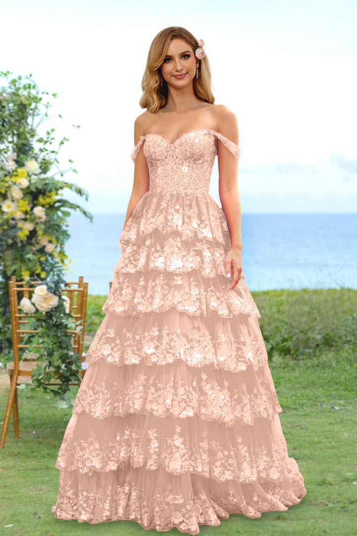 Robe de Soirée Longue à Fleurs, Coupe A-Line/Princesse, Décolleté en Cœur, Épaules Dénudées, avec Paillettes et Volants