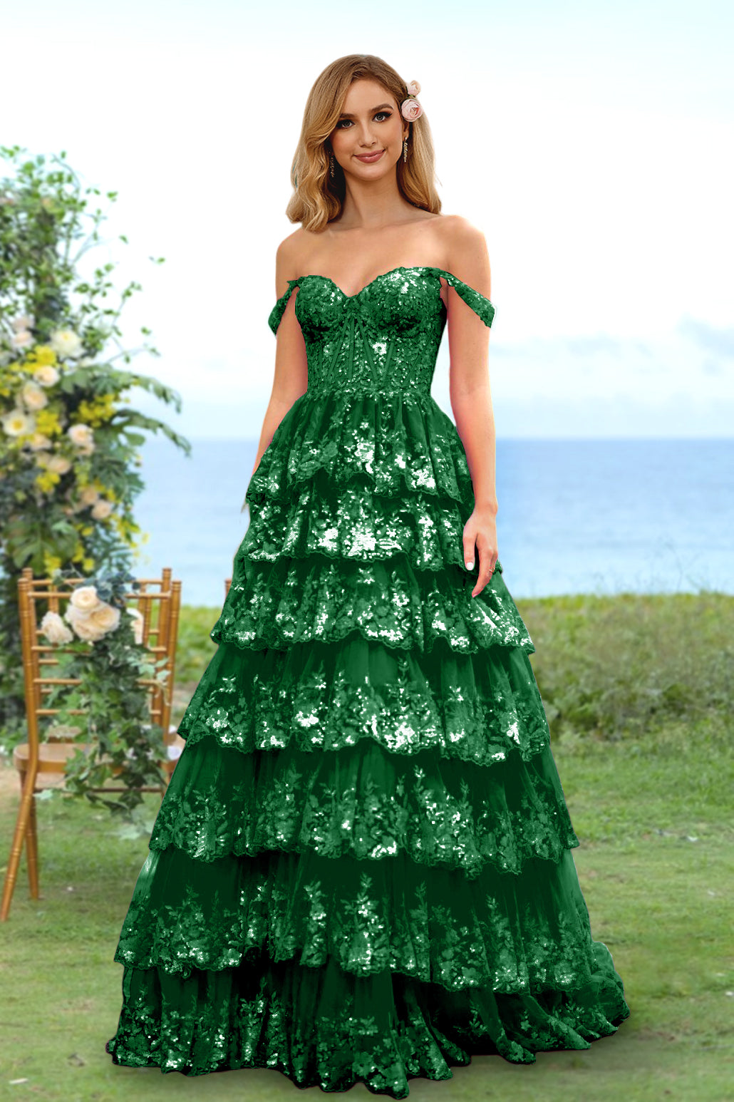 Robe de Soirée Longue à Fleurs, Coupe A-Line/Princesse, Décolleté en Cœur, Épaules Dénudées, avec Paillettes et Volants