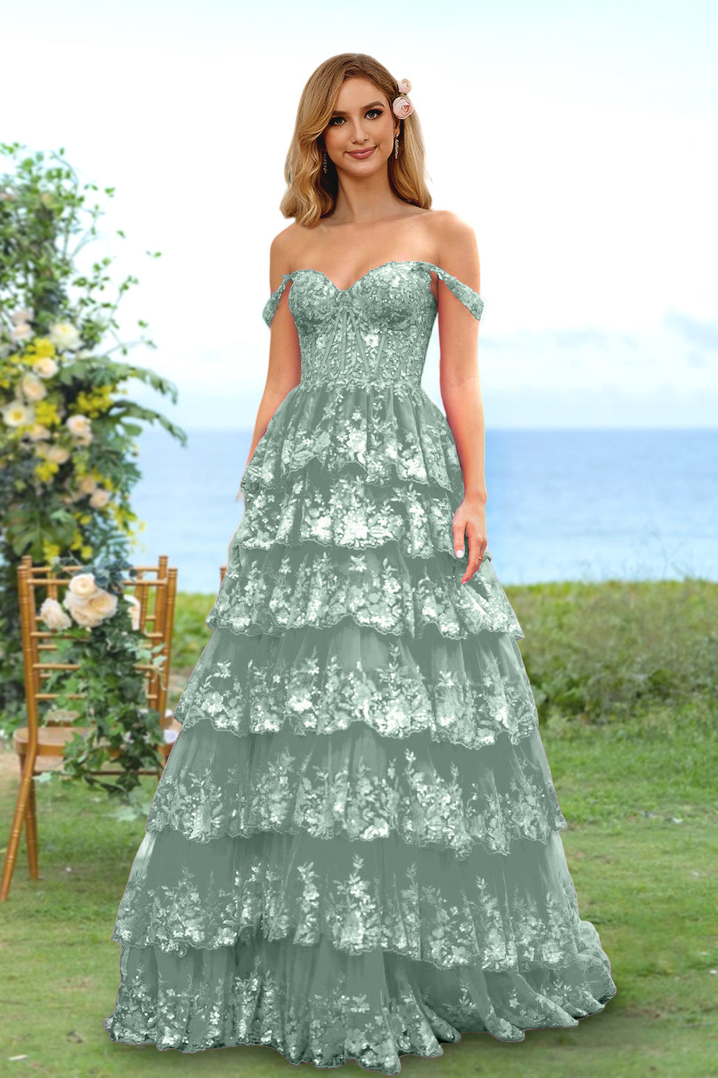 Robe de Soirée Longue à Fleurs, Coupe A-Line/Princesse, Décolleté en Cœur, Épaules Dénudées, avec Paillettes et Volants