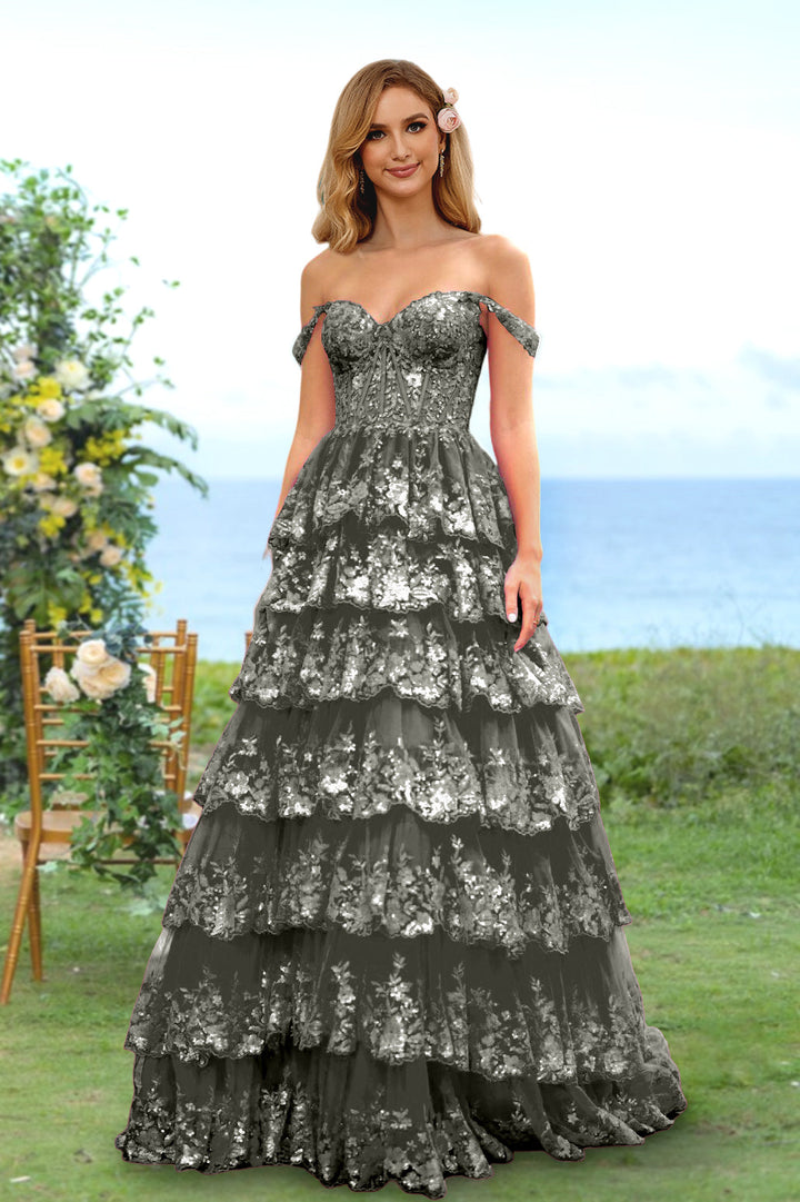 Robe de Soirée Longue à Fleurs, Coupe A-Line/Princesse, Décolleté en Cœur, Épaules Dénudées, avec Paillettes et Volants